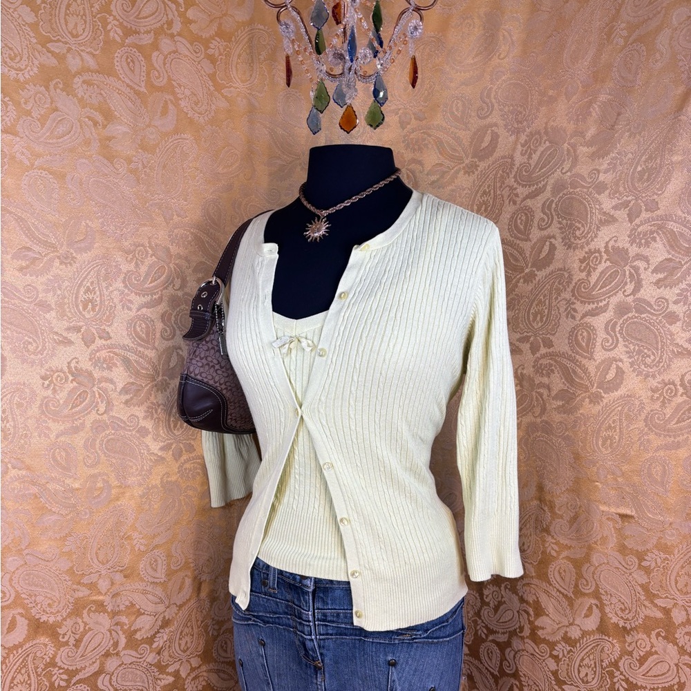 ✨Vintage Y2K Bright Yellow Cotton Bow Detailed Tank Top & Sweater Co-ord Set✨